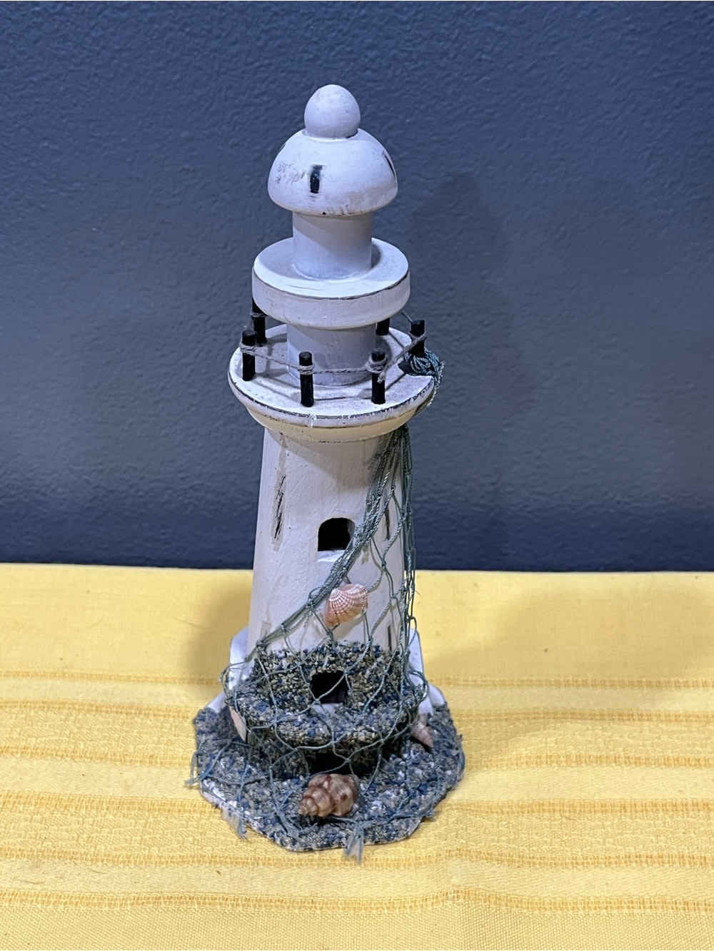 ⚓️ Nautical Distressed Wooden Lighthouse Figurine with Shells and Fishnet (8.5”)